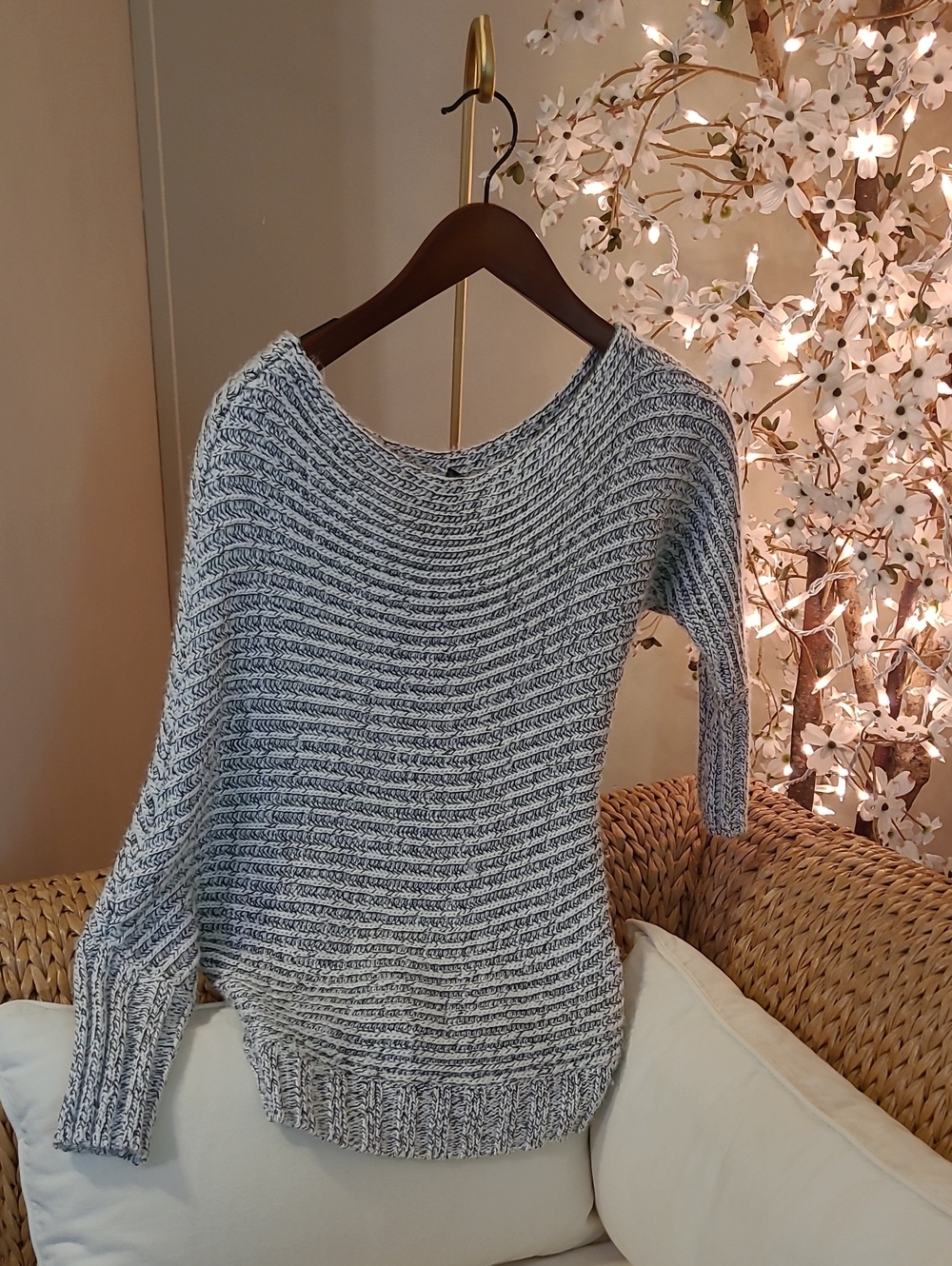 Women’s Black And White Marled Asymmetrical Off The Shoulder Sweater